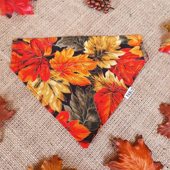 🐶 5 for $15 * Pablo Fall Autumn Leaves/Red Gold Dots Cotton Dog Bandana - Picture 5 of 9